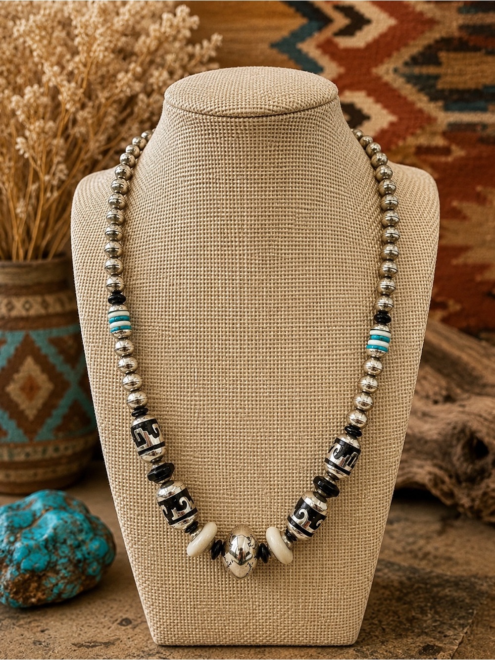 Thomas Singer Navajo Sterling Silver Turquoise Onyx MOP Bead Necklace 24” 74gram